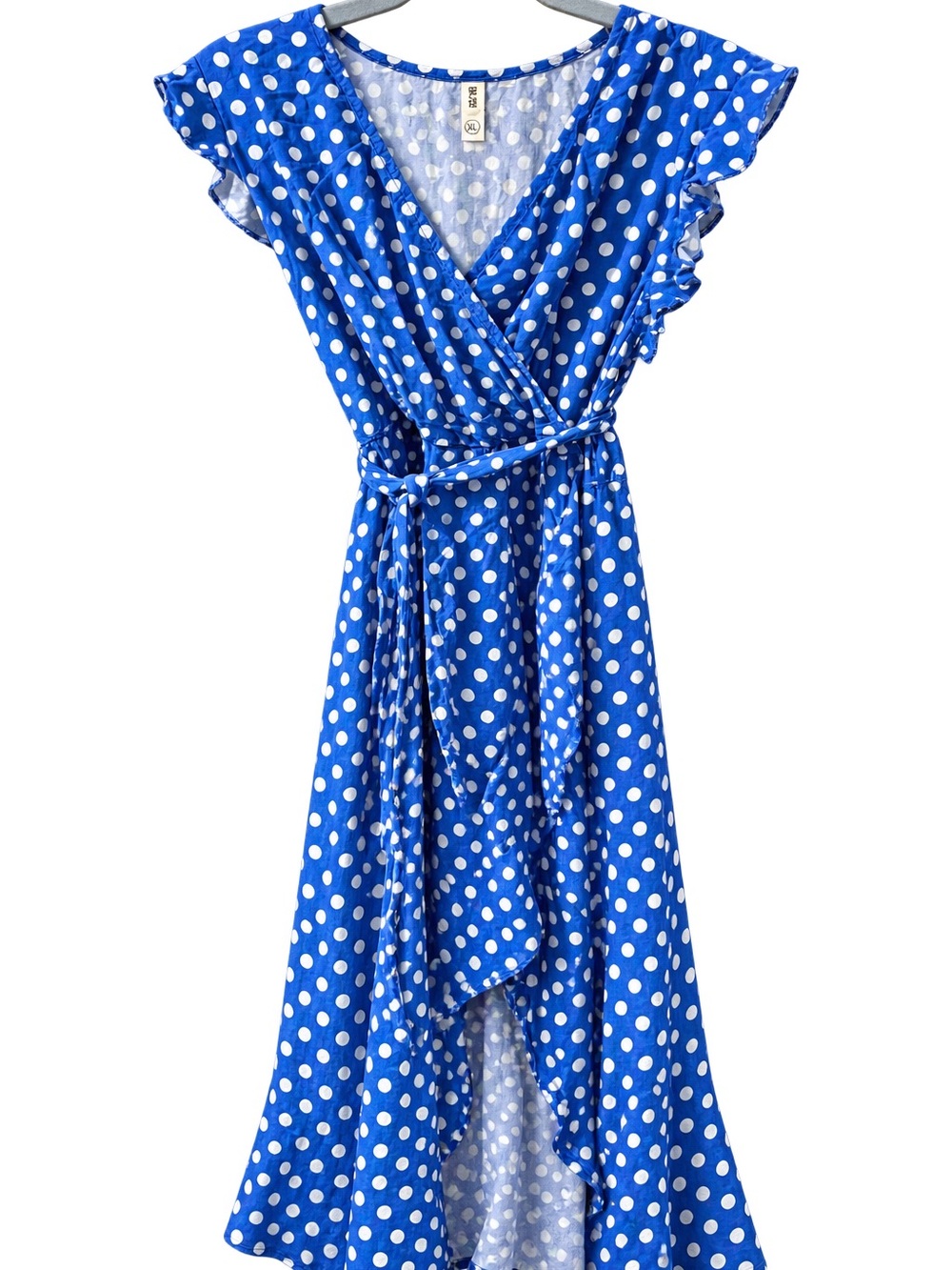 Blue Polka Dot Wrap Dress with Ruffle Sleeves
